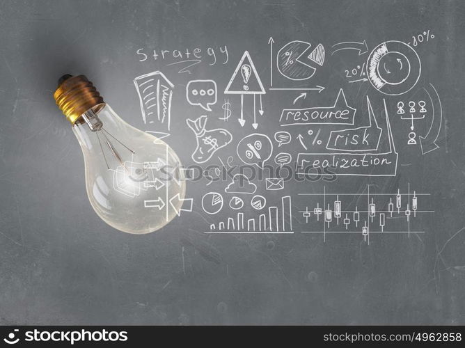 Bright idea for success. Glass glowing light bulb and business sketched ideas