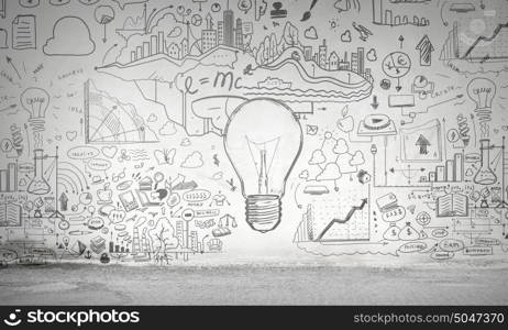 Bright idea for success. Glass glowing light bulb and business sketched ideas