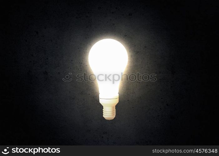 Bright idea in darkness. Illuminated glass light bulb on dark background