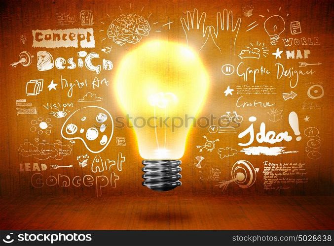Bright ideas. Conceptual image with light bulb and business sketches