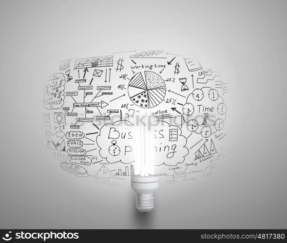 Bright ideas for business. Glowing light bulb on wall with sketches strategy plan