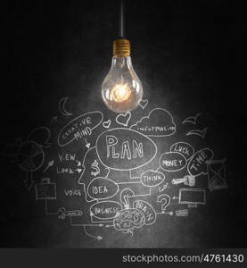 Bright ideas on wall. Glowing glass light bulb hanging from above and business sketches at dark background