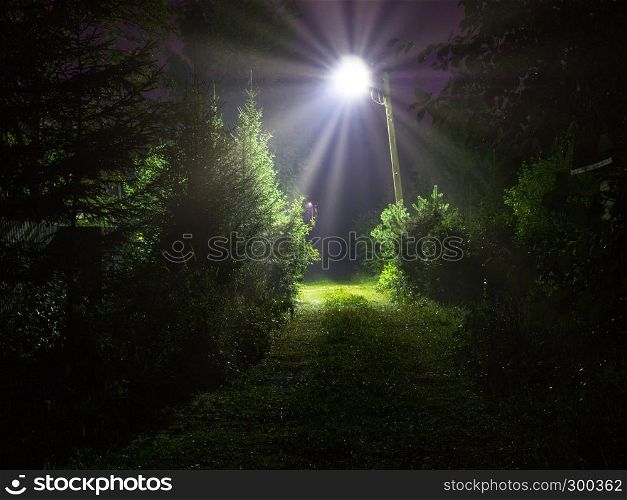 Bright lantern illuminating the village road. Bright night lantern on the village road