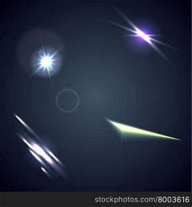 Bright lens flares and glow elements background. Bright lens flares and glow elements on dark blue background. Star lights graphic design illustration