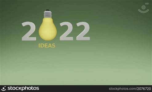 Bright light bulb in 2022 number with ideas text below concept of creating new innovation 3D rendering illustration