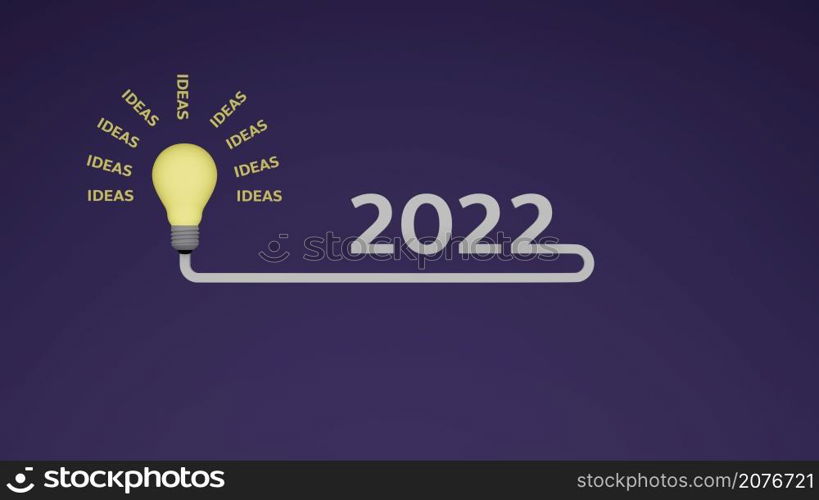 Bright light bulb with text idea around as shining ray concept of new idea creating for 2022 3D rendering illustration