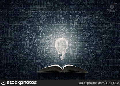 Bright light of education. Old opened book with glass bulb and business strategy sketches