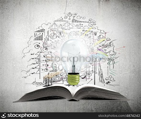 Bright light of education. Old opened book with glass bulb and business strategy sketches