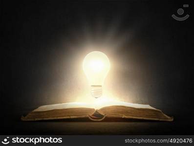 Bright light of education. Opened book and glowing light bulb above pages