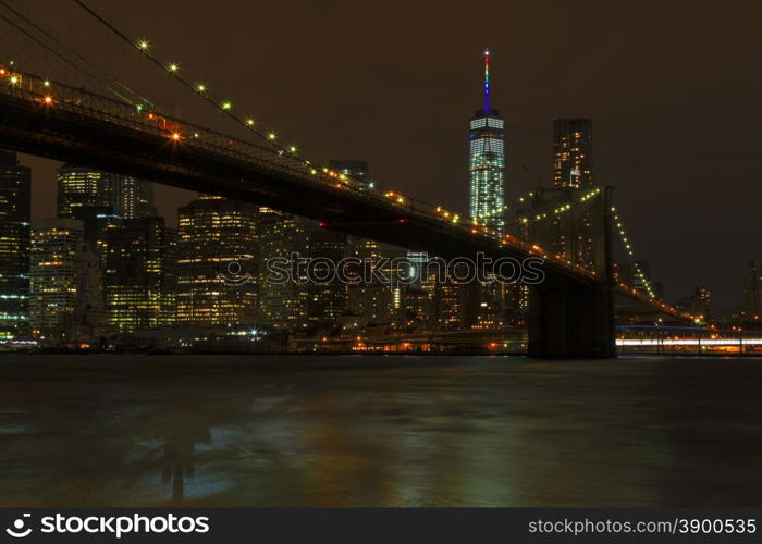 Bright lights of New York City at night.