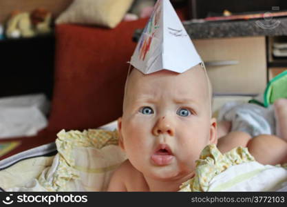 Bright little boy kid baby without hair closeup