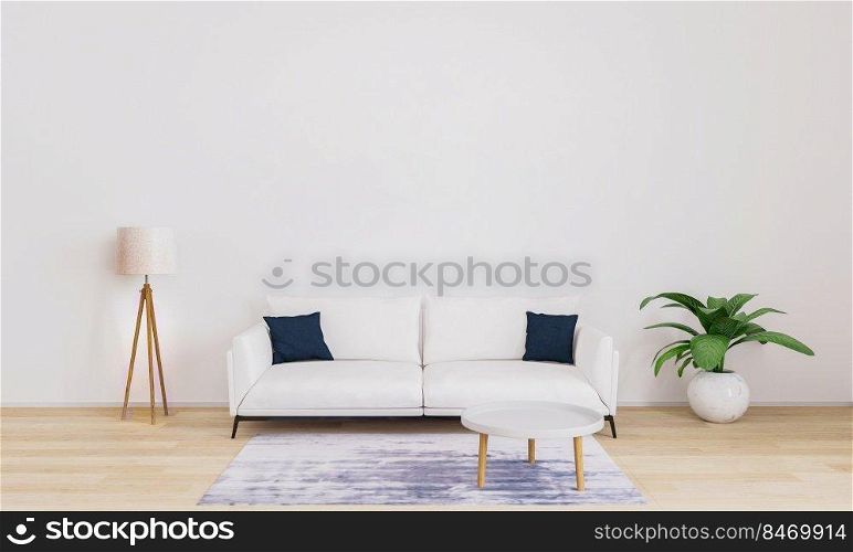 Bright living room for mockup with white sofa with dark blue pillows, white modern lamp, plant, coffee table. Furnished living room with white wall and wooden floor. 3d illustration.
