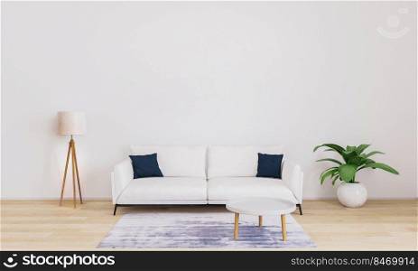 Bright living room for mockup with white sofa with dark blue pillows, white modern lamp, plant, coffee table. Furnished living room with white wall and wooden floor. 3d illustration.