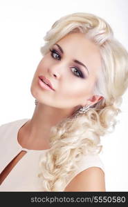 Bright Luxurious Woman Blonde with Glossy Silky Waved Hair