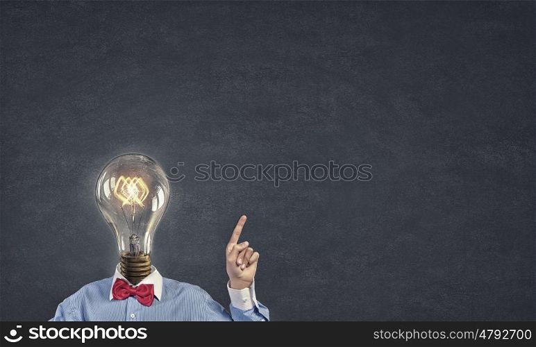 Bright mind. Unrecognizable man in bow tie with light bulb instead of head