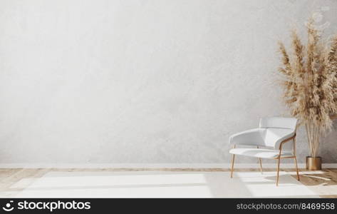 Bright minimalistic contemporary empty room interior design with luxury white chair on wooden parquet floor and white decorative plaster wall, empty room mock up, 3d rendering