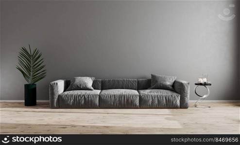 Bright modern living room with gray sofa, green plant and coffee table on wooden laminate. Scandinavian style, cozy interior background. Bright stylish room mock up. 3d rendering