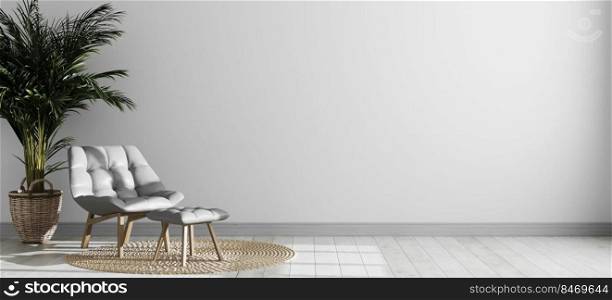 Bright modern room interior with gray armchair and palm tree, empty room interior background, white wall mockup, scandinavian style interior room mock up, 3d rendering