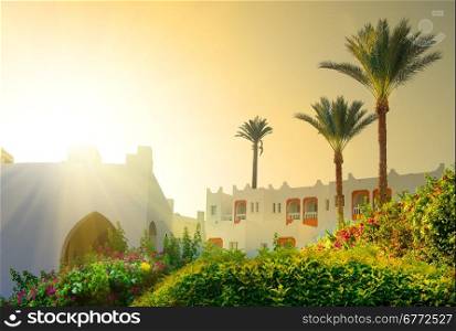 Bright morning sun in Egyptian resort hotel