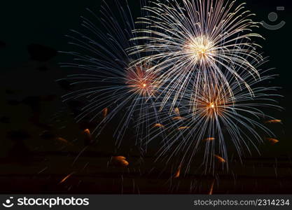 Bright multi-colored fireworks on a festive night. Beautiful color flashes in the dark sky for a holiday.. Bright fireworks on a festive night. Colored lights in the dark sky for a holiday.