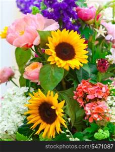 Bright multicolor bouquet made of different flowers