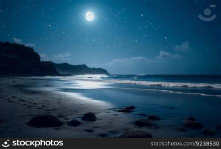 bright night landscape by the sea at full moon generative ai.