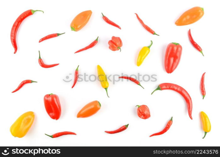 Bright pattern various varieties pepper isolated on white background.