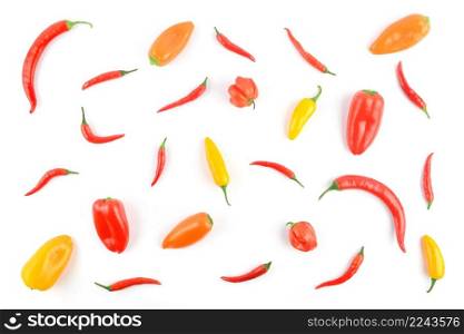 Bright pattern various varieties pepper isolated on white background.