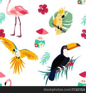 Bright pattern with toucan, flamingo, parrot and cocktail. Can be used for wrapping, envelope paper, textile.. Bright pattern with toucan, parrot, flamingo and cocktail. Can be used for wrapping, envelope paper, textile.