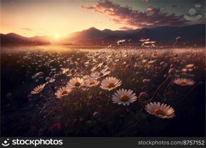 Bright photo of chamomile blooming in the field