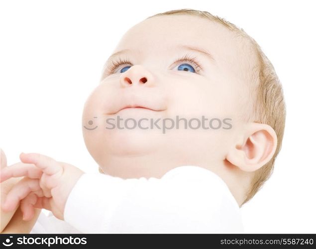 bright picture of adorable baby boy over white