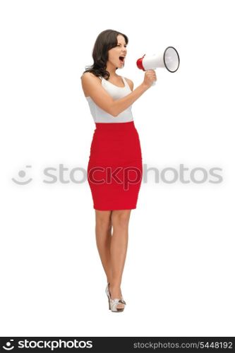 bright picture of angry woman with megaphone .