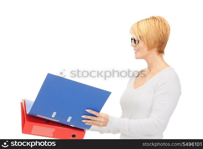 bright picture of attractive businesswoman with folders&#xA;