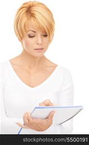 bright picture of attractive businesswoman with notebook