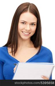 bright picture of attractive woman with notepad