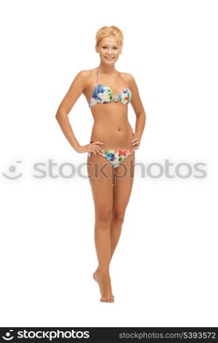 bright picture of beautiful barefoot woman in bikini