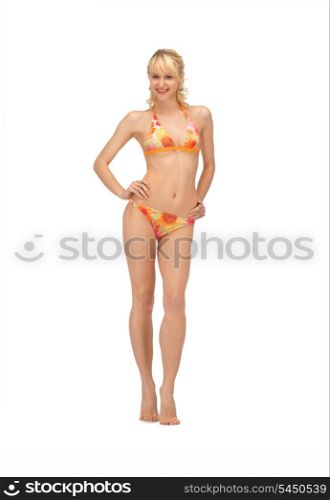 bright picture of beautiful barefoot woman in bikini