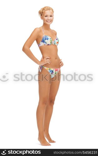 bright picture of beautiful barefoot woman in bikini