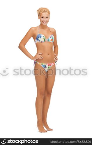 bright picture of beautiful barefoot woman in bikini