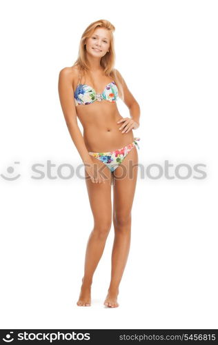 bright picture of beautiful barefoot woman in bikini