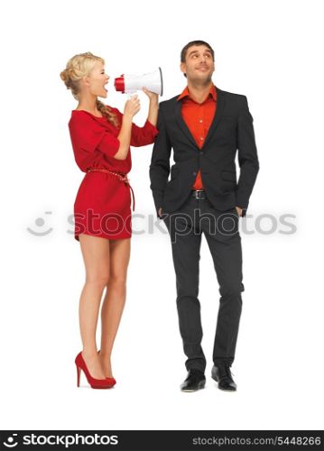 bright picture of beautiful couple with megaphone