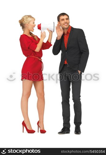 bright picture of beautiful couple with megaphone