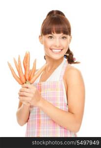 bright picture of beautiful housewife with carrots over white