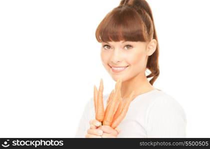 bright picture of beautiful housewife with carrots over white