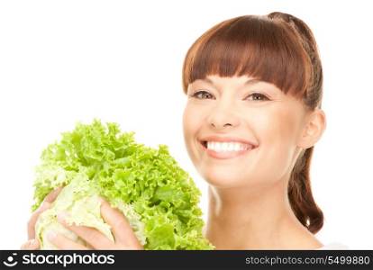 bright picture of beautiful housewife with lettuce over white&#xA;