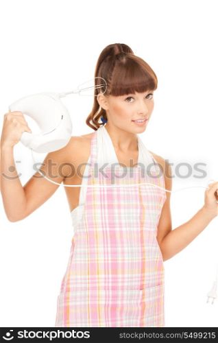 bright picture of beautiful housewife with mixer over white&#xA;