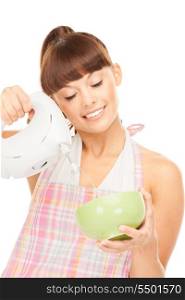 bright picture of beautiful housewife with mixer over white&#xA;