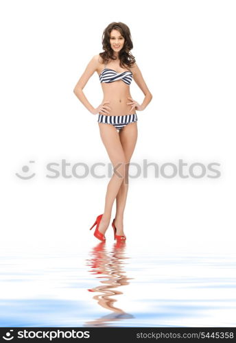 bright picture of beautiful woman in bikini and high heels