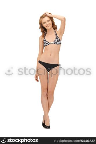 bright picture of beautiful woman in bikini and high heels