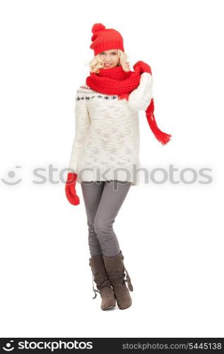 bright picture of beautiful woman in hat, muffler and mittens ..
